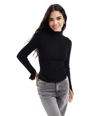 Threadbare - Hochgeschlossener Pullover in Schwarz mit geschlitzten Ärmeln