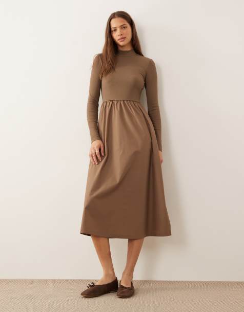 Threadbare – Hochgeschlossenes Midikleid aus Jersey-Popeline-Mix in Mokka - view 1