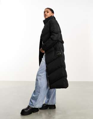 Long black outlet belted puffer coat