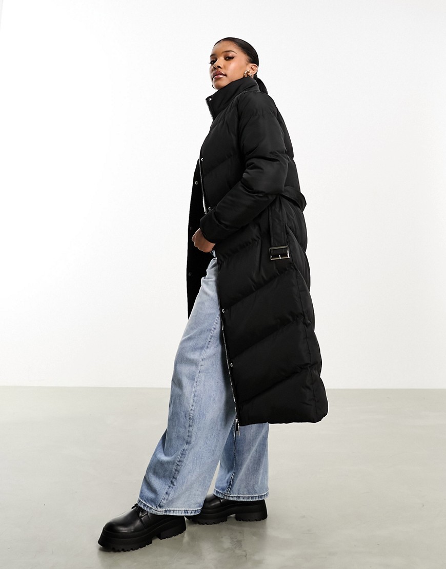 Threadbare Holly belted waist maxi puffer coat in black