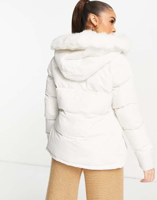 White faux fur store jacket with hood