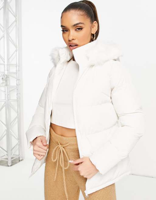 Threadbare Holly puffer jacket with faux fur trim hood in white