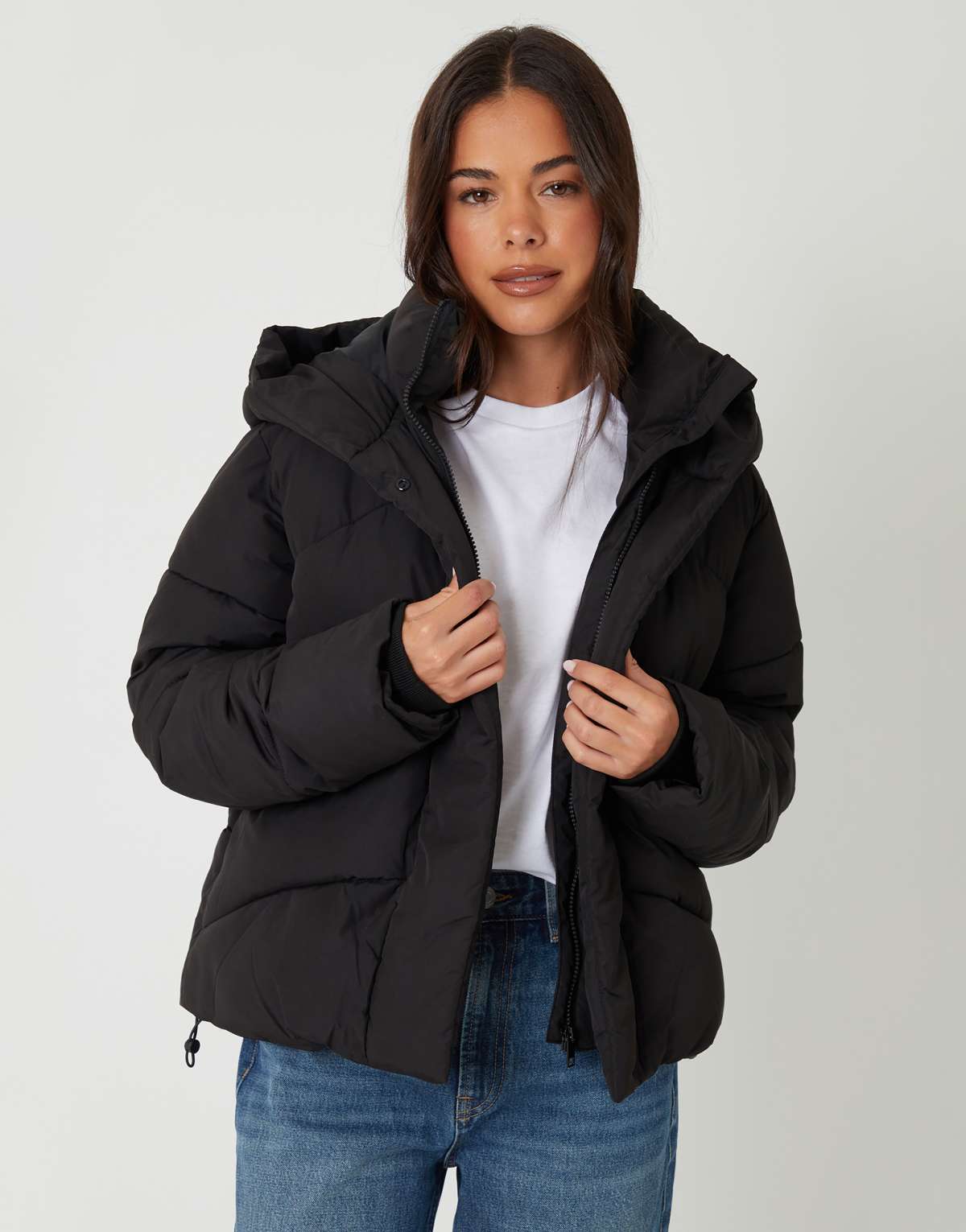Threadbare Hooded double collar puffer jacket in black