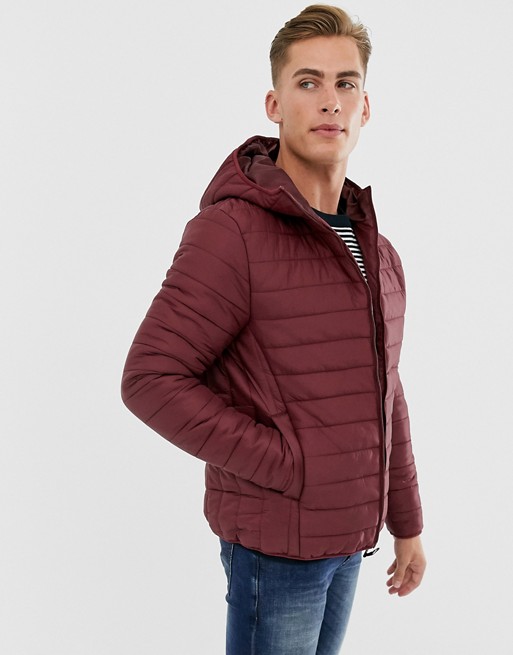 Threadbare hooded puffer jacket in burgundy