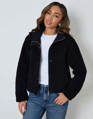 Threadbare Hooded Snap Borg Fleece Bomber In Black