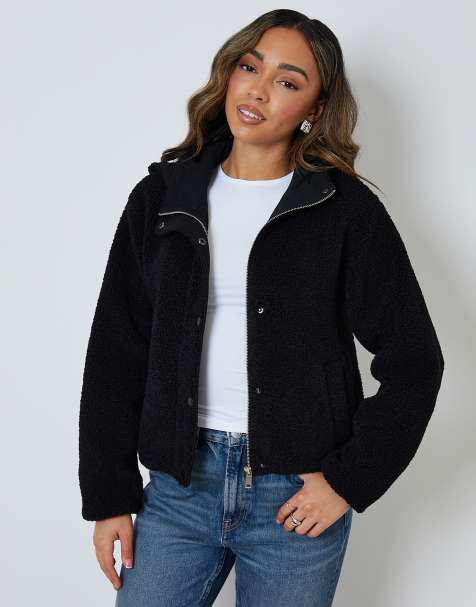Threadbare Hooded snap borg fleece bomber in black - view 1