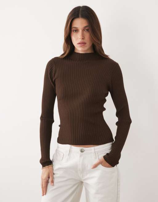 Threadbare hoogsluitende top met lange mouwen van breisel in bruin, 4 van 4