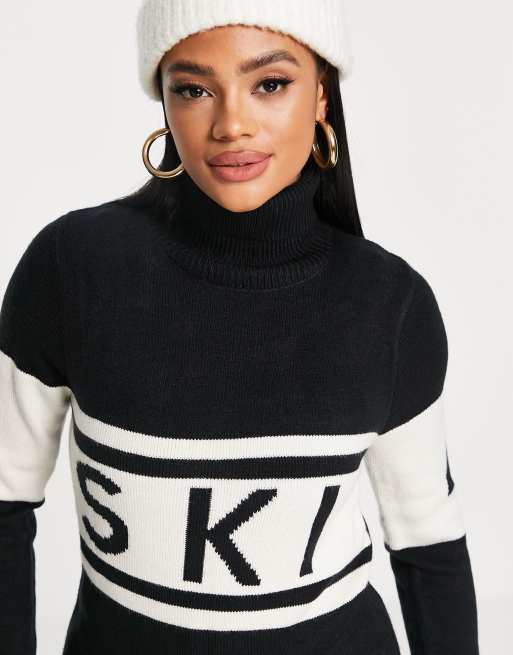 Ik was mijn kleren cafe Publicatie Threadbare - Hoogsluitende trui met ski-slogan in zwart | ASOS