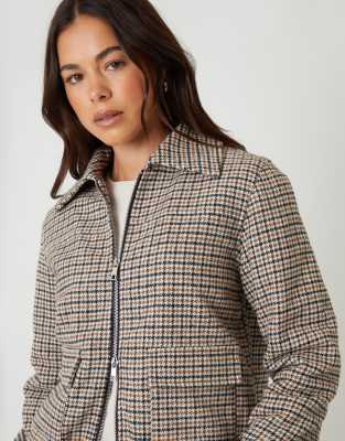 Threadbare Houndstooth Check Faux Wool Jacket In Brown
