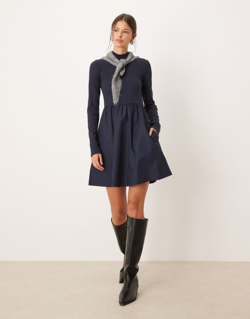 Threadbare - Hybride mini jurk met lange mouwen in marineblauw, 2 van 4
