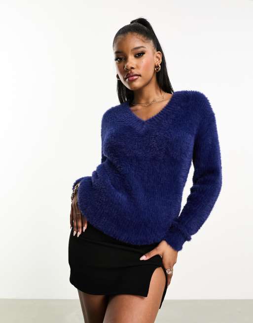Threadbare - Ivy - Marineblå fluffy oversized trøje med V-hals