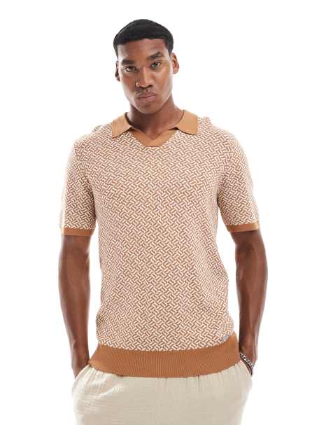 Threadbare Jacquard geo trophy neck knitted polo in stone - view 1
