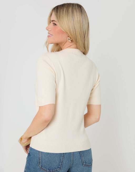 Threadbare Jacquard knit short sleeve cardigan in ecru, 2 of 5