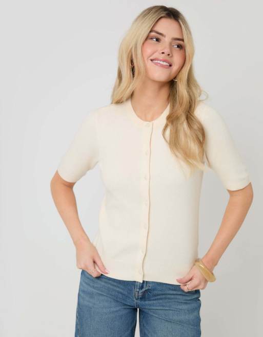 Threadbare Jacquard knit short sleeve cardigan in ecru, 5 of 5