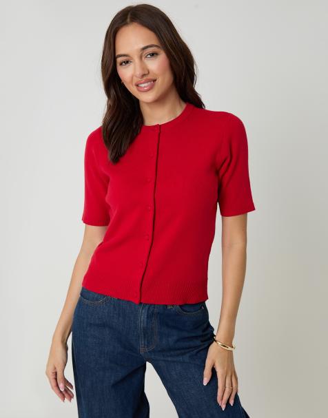 Threadbare Jacquard knit short sleeve cardigan in red - view 1