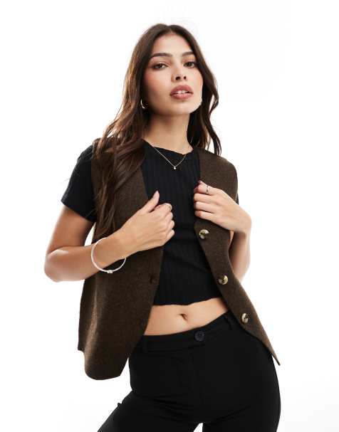 Threadbare v-neck knitted button up vest in light brown