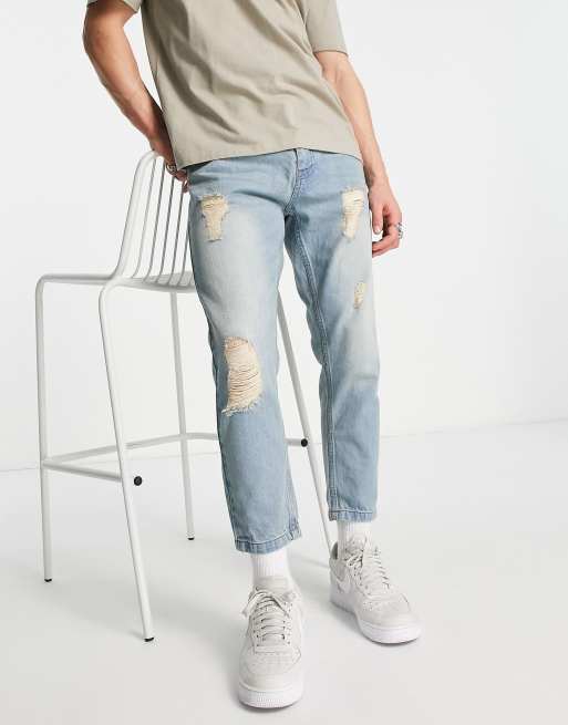 Threadbare - Jean rigide effet usé coupe fuselée - Délavé bleu moyen
