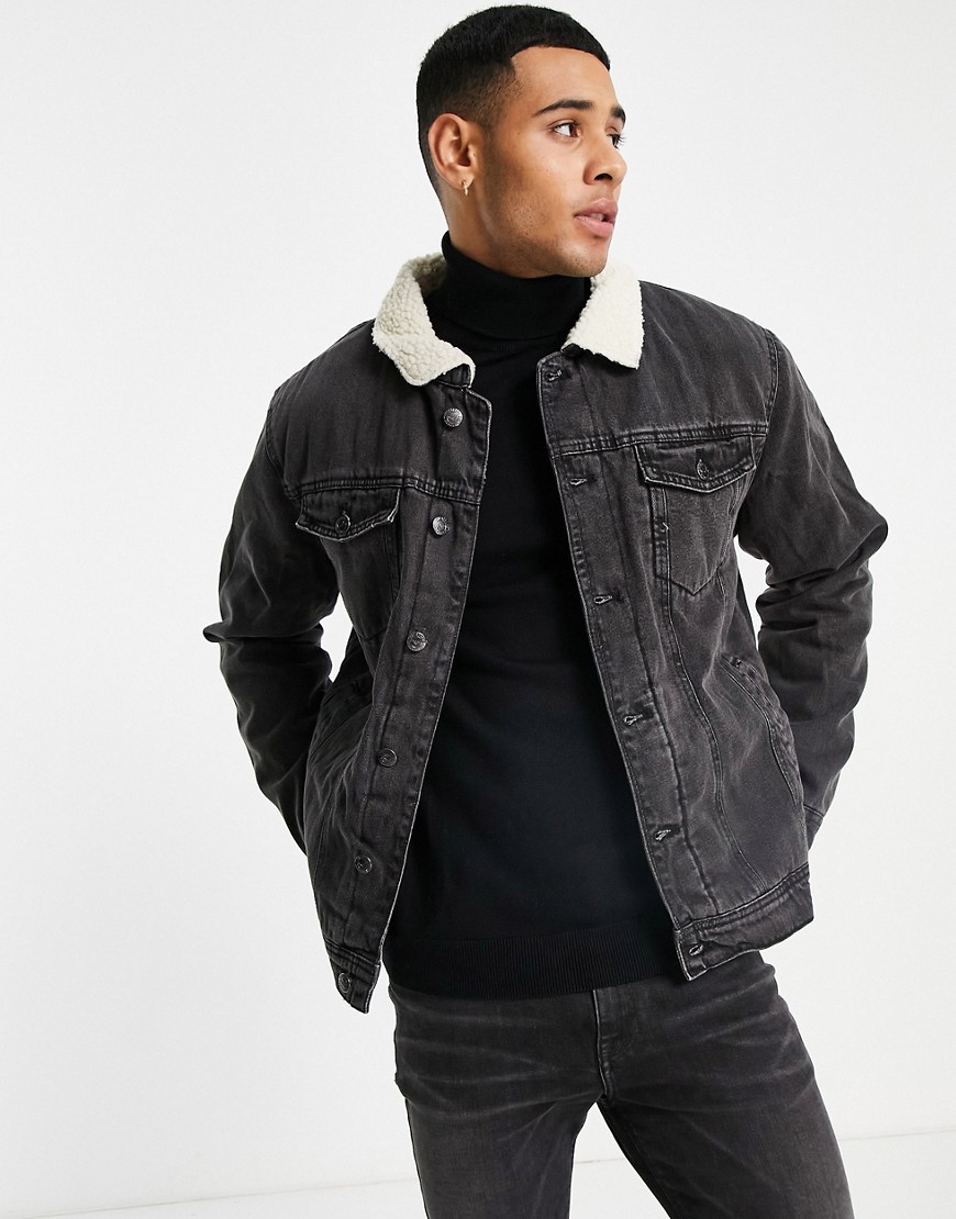 threadbare -  – Jeansjacke in Schwarz mit Futter und Kragen aus Sherpa-Fleece
