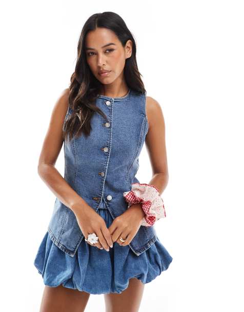 Threadbare denim waistcoat in mid blue wash