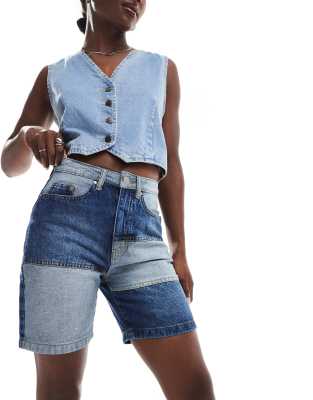 Threadbare - Jeansshorts in indigoblauer Waschung mit Patchwork-Design-Marineblau