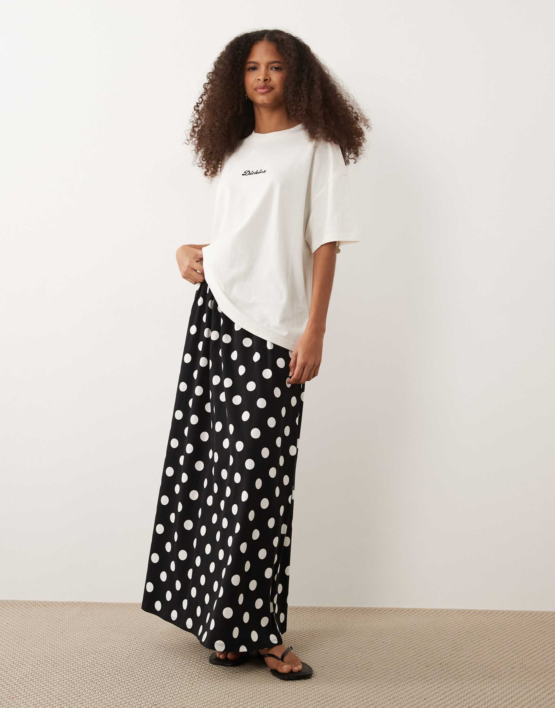 threadbare jersey a-line midaxi skirt in black and white polka dot print