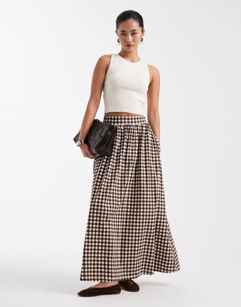 Threadbare jersey a-line midaxi skirt in brown gingham print - view 1