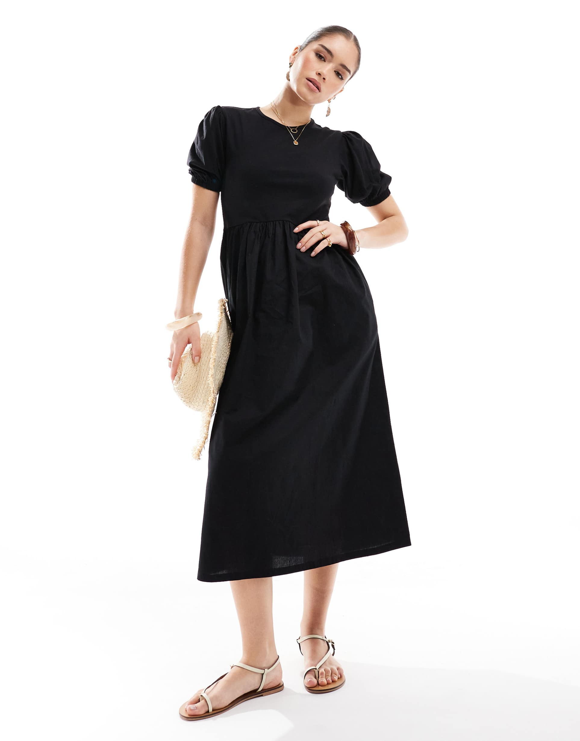 threadbare jersey and poplin mix short sleeve midi dress in black