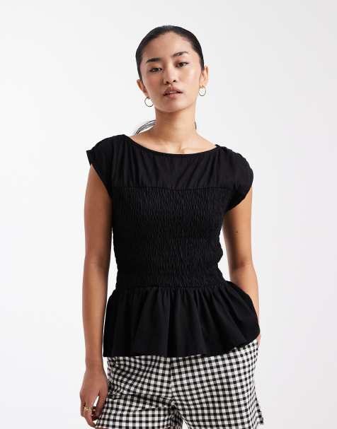 Threadbare jersey cap sleeve shirred top in black - view 1