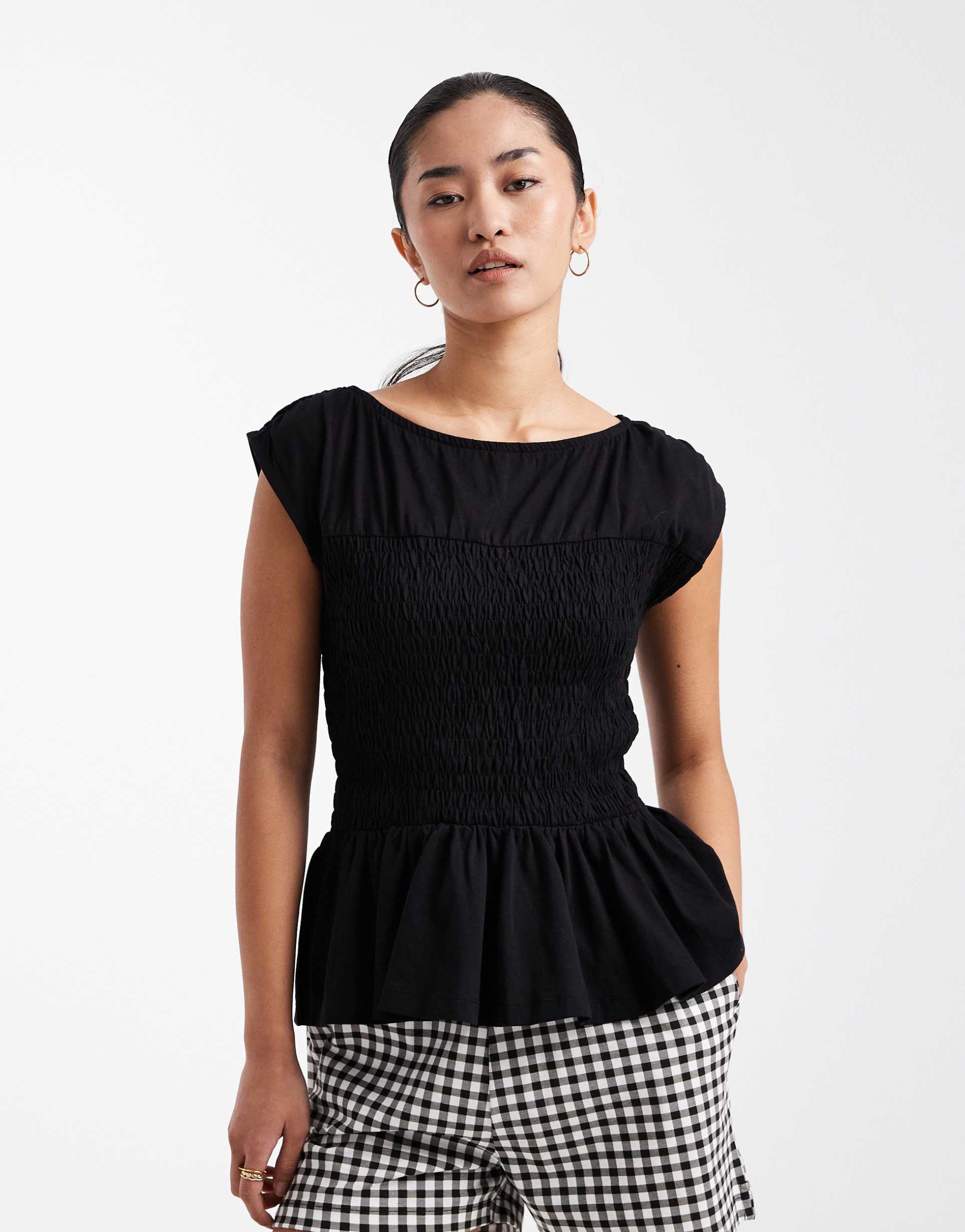 threadbare jersey cap sleeve shirred top in black