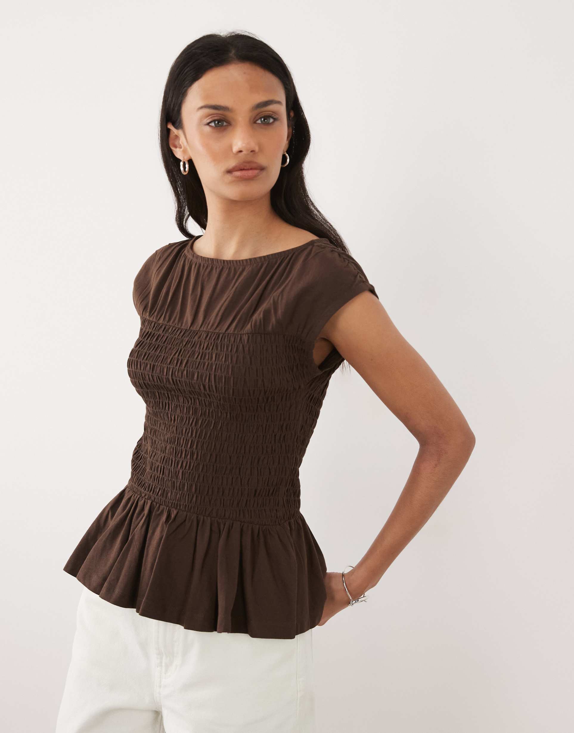 threadbare jersey cap sleeve shirred top in chocolate brown