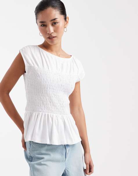 Threadbare jersey cap sleeve shirred top in white - view 1