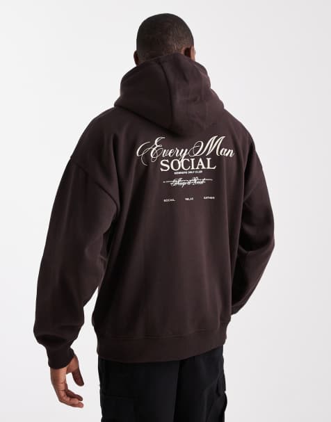 Threadbare – Jersey-Kapuzenpullover in Schokoladenbraun mit Rückenprint - view 1