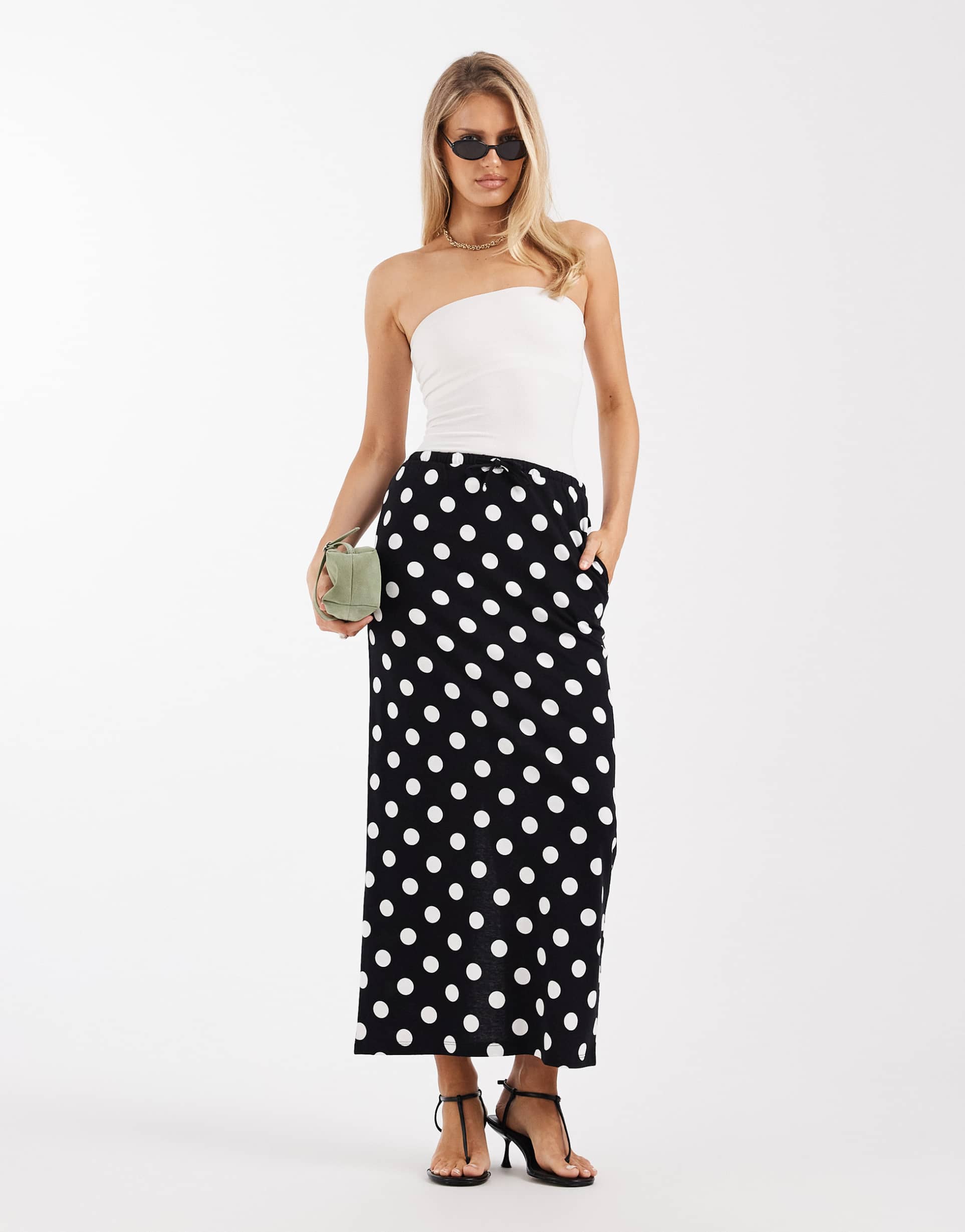 threadbare jersey maxi skirt in black and white polka dot print