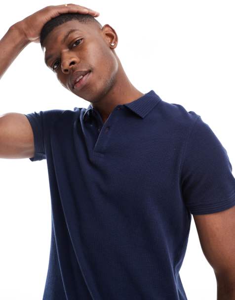 Threadbare jersey polo shirt in navy with ribbed collar - view 1
