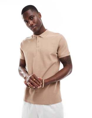 Threadbare Threadbare jersey polo shirt in tan with ribbed collar-Brown