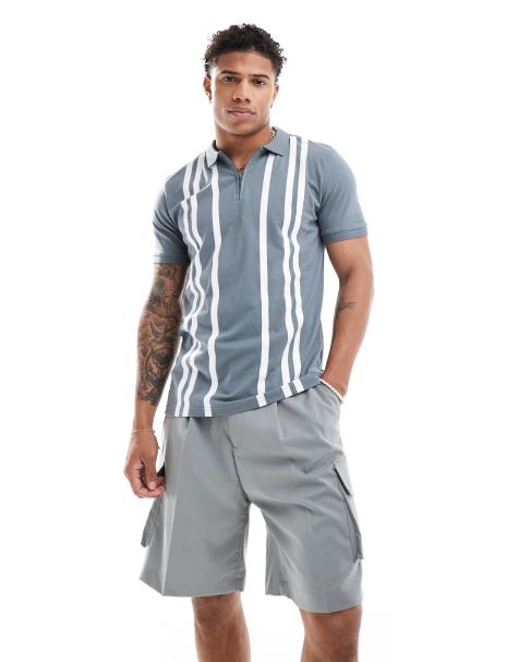 Threadbare – Jersey-Poloshirt in Grau mit Streifen und Reißverschluss am Kragen - view 1