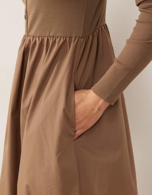 Threadbare jersey poplin mix midi dress with button through top in mocha, 4 of 4