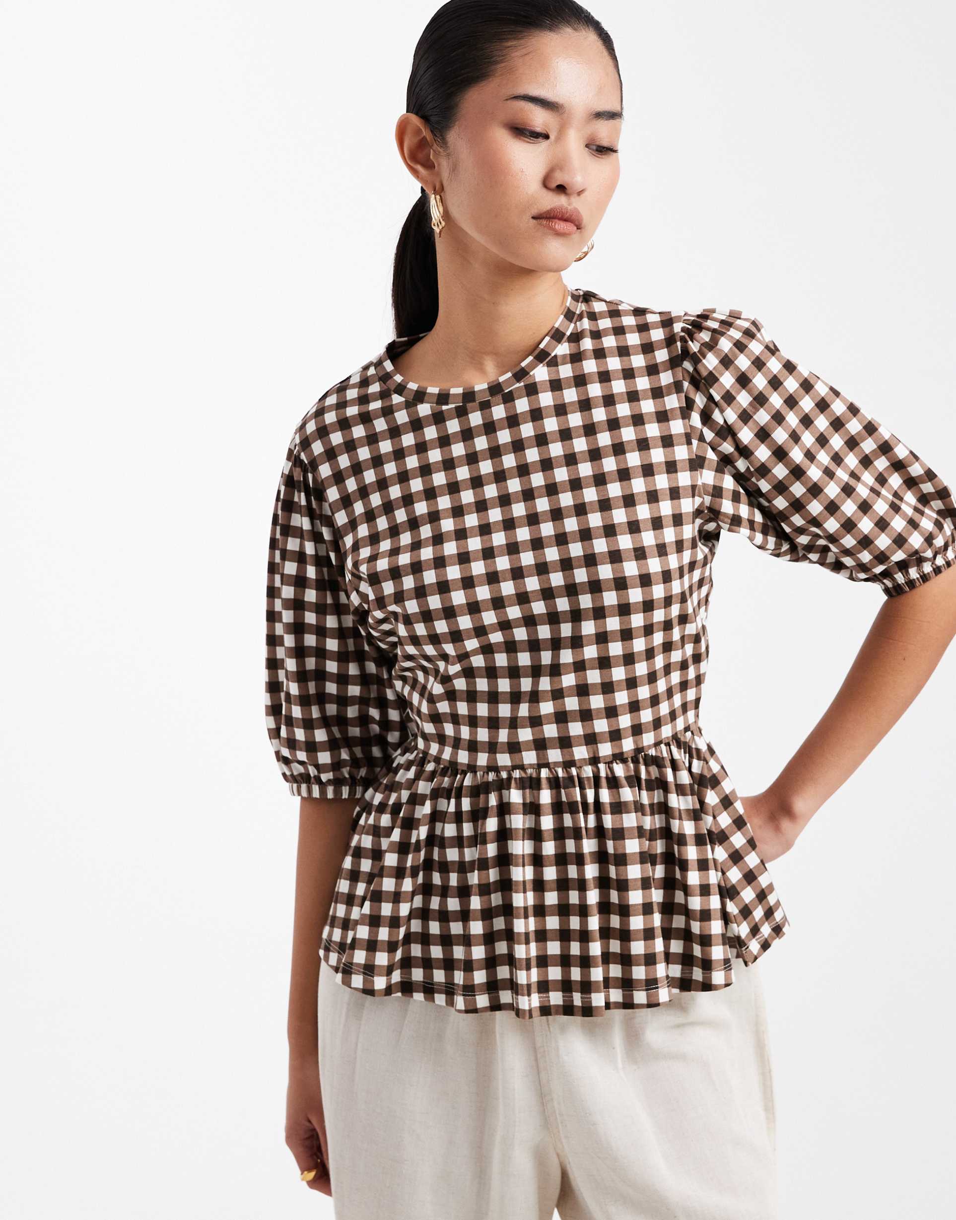 threadbare jersey puff sleeve peplum top in brown gingham print