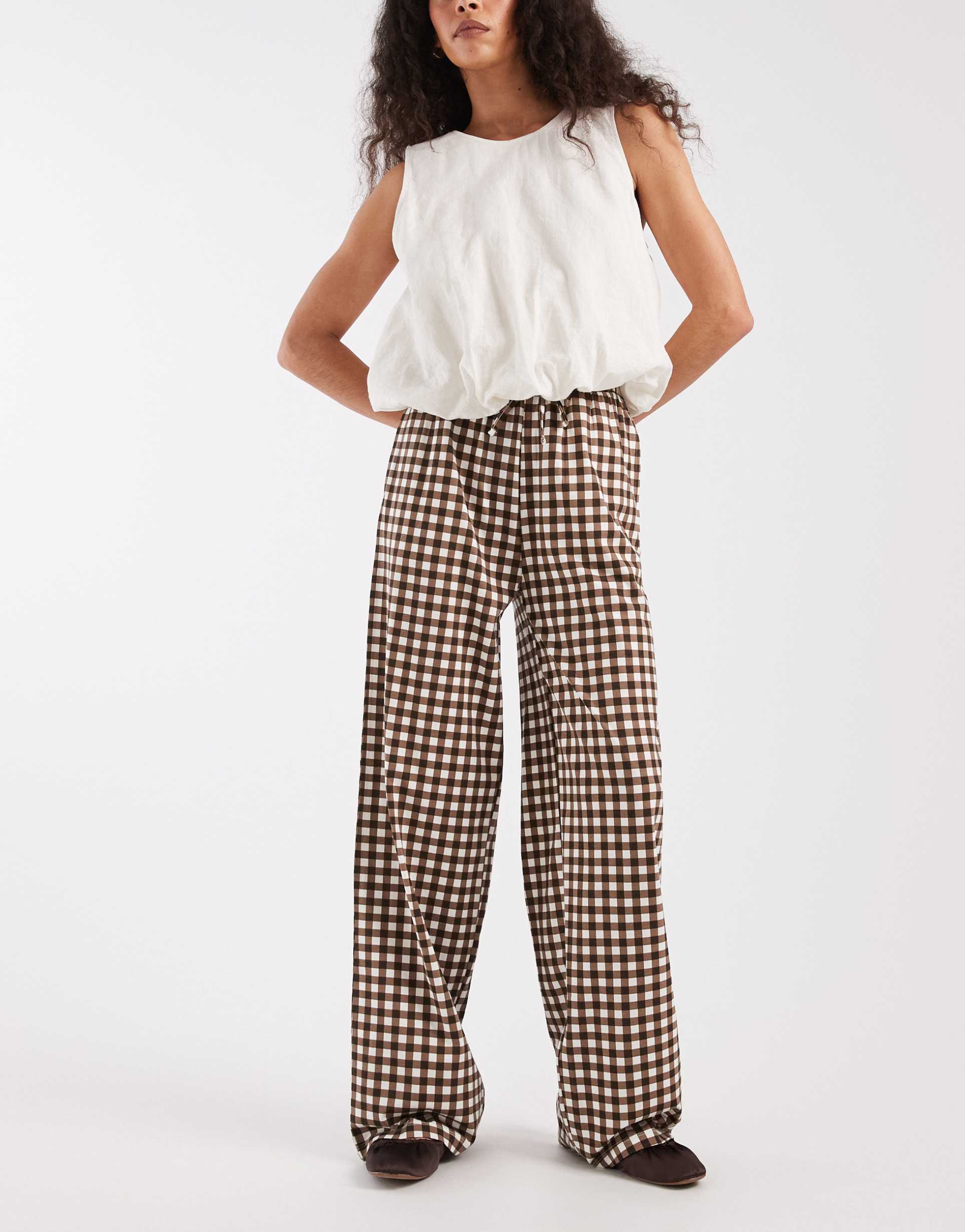 threadbare jersey pull on pants with drawstring in chocolate brown gingham print