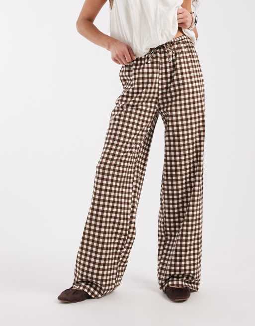 Threadbare jersey pull on pants with drawstring in chocolate brown gingham print, 2 of 5