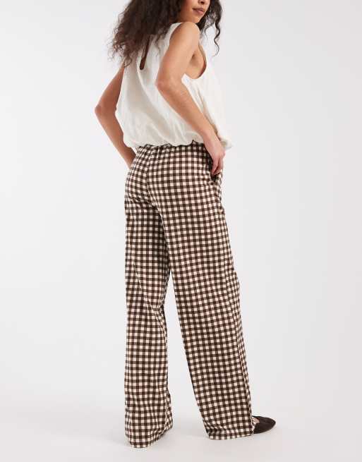 Threadbare jersey pull on pants with drawstring in chocolate brown gingham print, 3 of 5