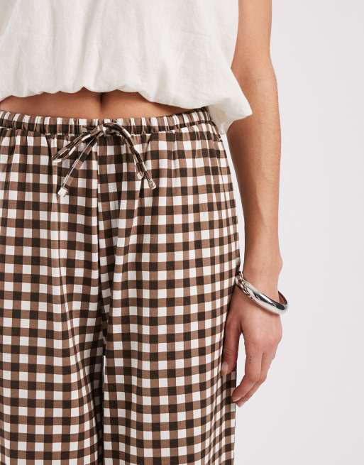 Threadbare jersey pull on pants with drawstring in chocolate brown gingham print, 4 of 5