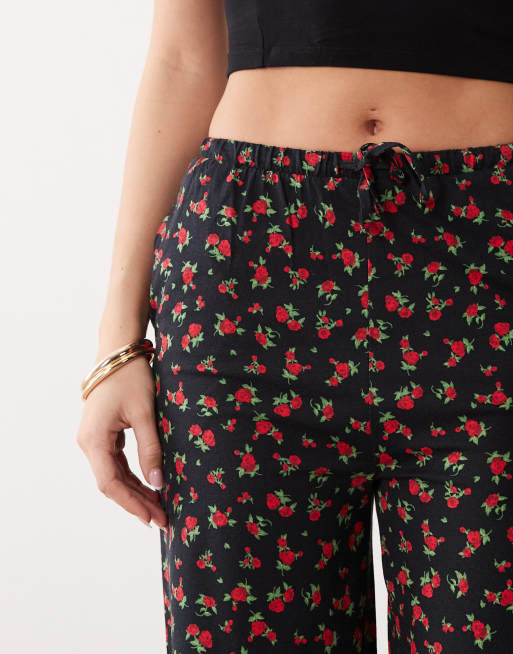 Threadbare jersey pull on pants with drawstring waist in black with red floral print, 3 of 5