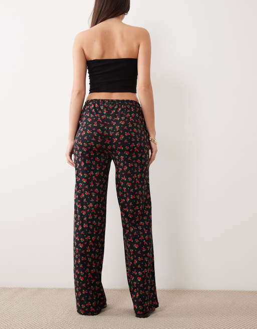 Threadbare jersey pull on pants with drawstring waist in black with red floral print, 5 of 5