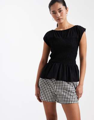 Threadbare jersey pull on shorts with drawstring in black and white gingham print black 4390₽