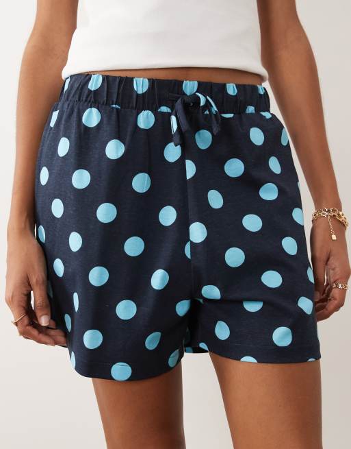 Threadbare jersey pull on shorts with drawstring in navy and blue polka dot print, 3 of 5