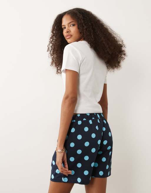 Threadbare jersey pull on shorts with drawstring in navy and blue polka dot print, 5 of 5