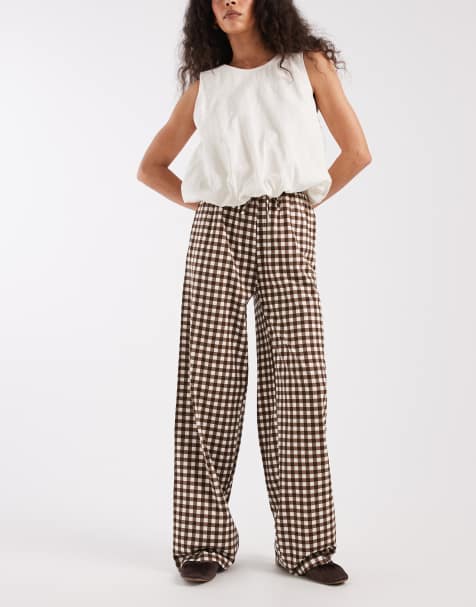 Threadbare jersey pull on trouser with drawstring in chocolate brown gingham print - view 1