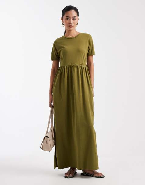 Threadbare jersey short sleeve maxi dress in khaki - view 1