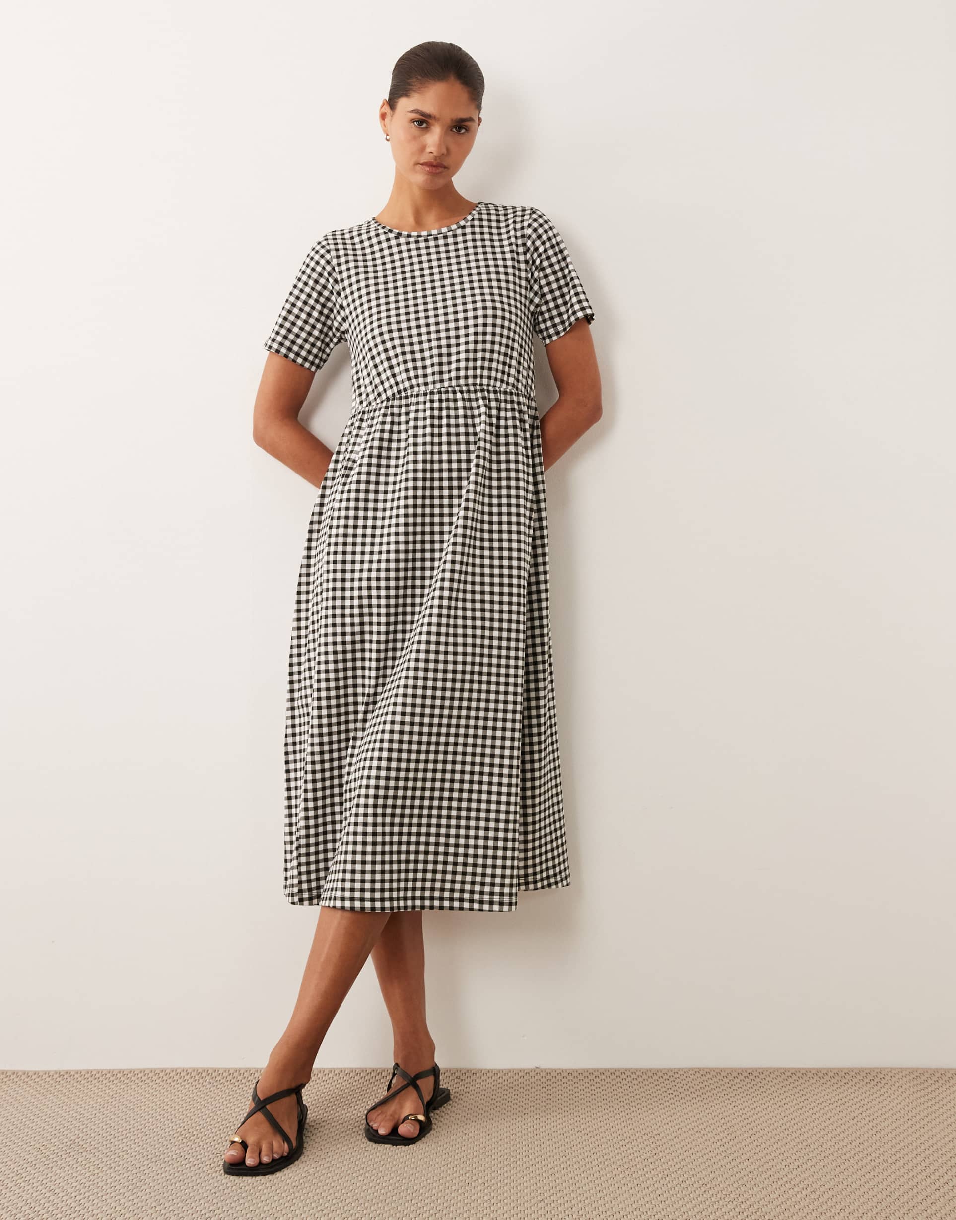 threadbare jersey short sleeve midi dress in black and white gingham print